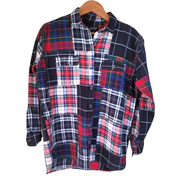 ASOS TOPSHOP Drop Hem Plaid Shirt - Picture 1 of 8